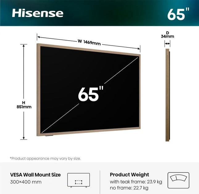 Hisense 65S7S 65” 4K Smart Hi-QLED 144Hz CANVAS TV