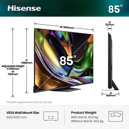 Hisense 85UR8S 85” 4K Smart RGB MINI LED 180hz TV