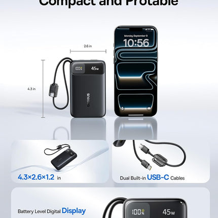 Baseus EnerFill FC11 Power Bank 20000mAh 45W με 2 Ενσωματωμένα Καλώδια USB-C & Οθόνη, Μαύρο