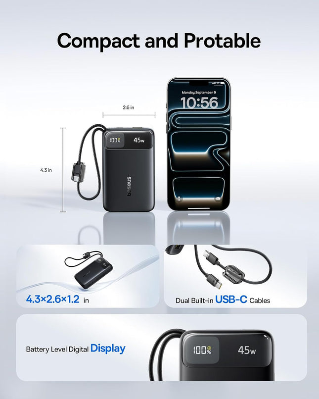 Baseus EnerFill FC11 Power Bank 20000mAh 45W με 2 Ενσωματωμένα Καλώδια USB-C & Οθόνη, Μαύρο