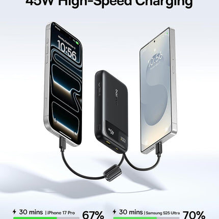 Baseus EnerFill FC11 Power Bank 20000mAh 45W με 2 Ενσωματωμένα Καλώδια USB-C & Οθόνη, Μαύρο