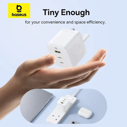 Baseus Palm Φορτιστής Τοίχου GaN 65W, 2 USB-C + USB-A, UK, με Καλώδιο USB-C 100W, Λευκός