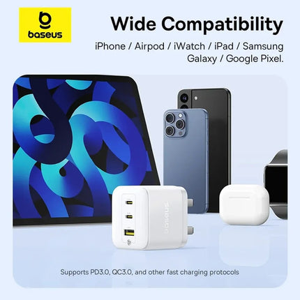 Baseus Palm Φορτιστής Τοίχου GaN 65W, 2 USB-C + USB-A, UK, με Καλώδιο USB-C 100W, Λευκός