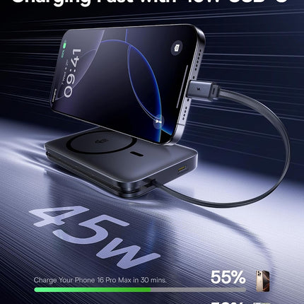 Baseus PicoGo AM61 Powerbank 10.000mAh, USB-C 45W και Ασύρματη Φόρτιση Qi2.2 25W, Μαύρο