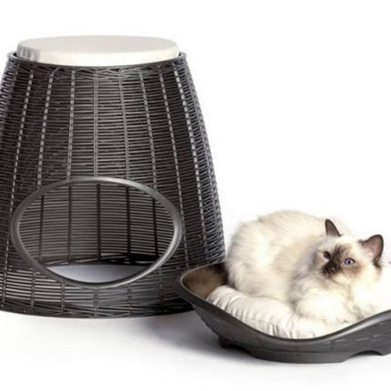 BAMA ITALY Διπλό Κρεβατάκι Γάτας-Σκαμπό 52x50x55cm Rattan + 2 Μαξιλάρια Pasha Ανθρακί