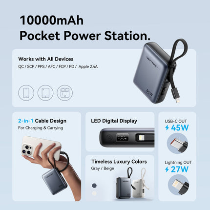 Vention Powerbank 10000mAh 45W Built-in USB-C & Lightning Cables FKMN0 Beige