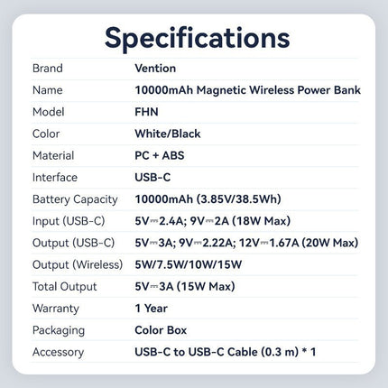 Vention Powerbank Wireless Magnetic 10000mAh 20W Black FHNB0