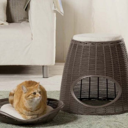 BAMA ITALY Διπλό Κρεβατάκι Γάτας-Σκαμπό 52x50x55cm Rattan + 2 Μαξιλάρια Pasha Ανθρακί