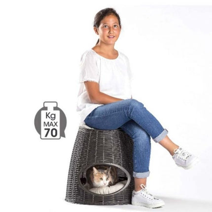 BAMA ITALY Διπλό Κρεβατάκι Γάτας-Σκαμπό 52x50x55cm Rattan + 2 Μαξιλάρια Pasha Γκρί-Καφέ