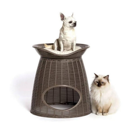 BAMA ITALY Διπλό Κρεβατάκι Γάτας-Σκαμπό 52x50x55cm Rattan + 2 Μαξιλάρια Pasha Γκρί-Καφέ