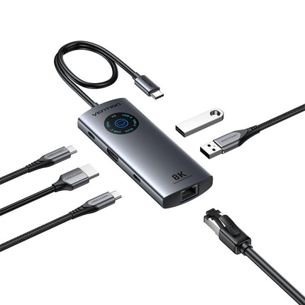 Vention HUB USB-C 3.2 Gen1/8K-HDMI/Gb/PD + LED Display & Switch TQZHB