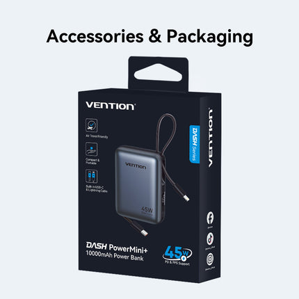 Vention Powerbank 10000mAh 45W Built-in USB-C & Lightning Cables FKMH0 Grey