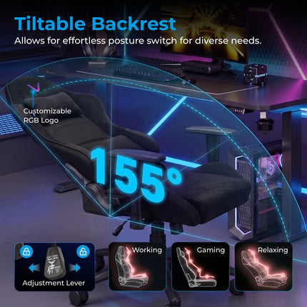 Lumivida Καρέκλα Γραφείου Gaming Chair με RGB Logo, Ρυθμιζόμενα Μπράτσα & Πλάτη 155° GCH01-1-01 Μαύρη