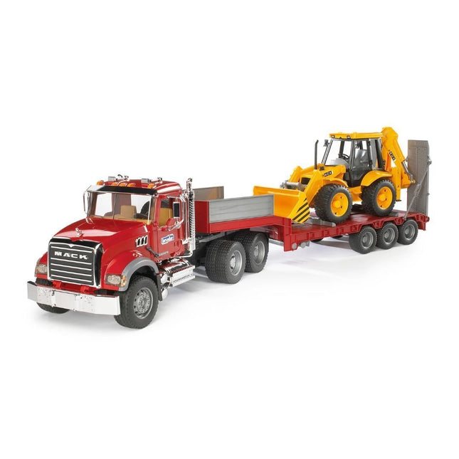 BRUDER 02813 Σετ MACK GRANITE με Ρυμουλκό Χαμηλής Φόρτωσης & Εκσκαφέα-Φορτωτή JCB 4CB Απόλυτη Δύναμη στο Εργοτάξιο