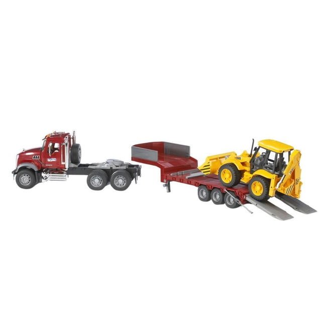 BRUDER 02813 Σετ MACK GRANITE με Ρυμουλκό Χαμηλής Φόρτωσης & Εκσκαφέα-Φορτωτή JCB 4CB Απόλυτη Δύναμη στο Εργοτάξιο