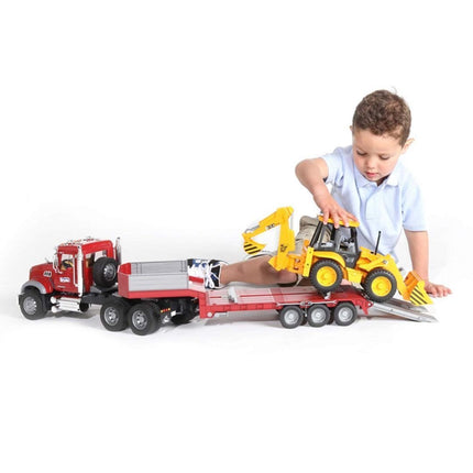 BRUDER 02813 Σετ MACK GRANITE με Ρυμουλκό Χαμηλής Φόρτωσης & Εκσκαφέα-Φορτωτή JCB 4CB Απόλυτη Δύναμη στο Εργοτάξιο
