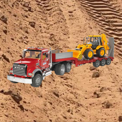 BRUDER 02813 Σετ MACK GRANITE με Ρυμουλκό Χαμηλής Φόρτωσης & Εκσκαφέα-Φορτωτή JCB 4CB Απόλυτη Δύναμη στο Εργοτάξιο