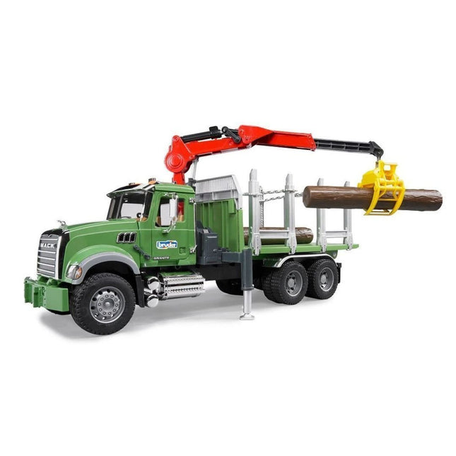 BRUDER 02824 MACK Granite Φορτηγό Μεταφοράς Ξυλείας με Γερανό & 3 Κορμούς Ρεαλιστική Εμπειρία Δασικών Εργασιών