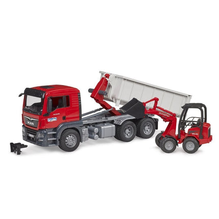 BRUDER 03767 MAN TGS Φορτηγό με Ρυμουλκούμενο Κοντέινερ & Schaffer Φορτωτή Δύναμη & Συνδυασμένη Δράση Εργοταξίου