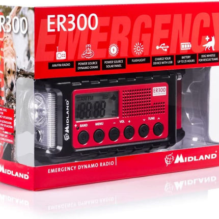 Midland ER300 Ηλιακό Powerbank Έκτακτης Ανάγκης με FM Ραδιοσυχνότητες, Δυναμό Φόρτισης στο πίσω μέρος &amp; Φακό