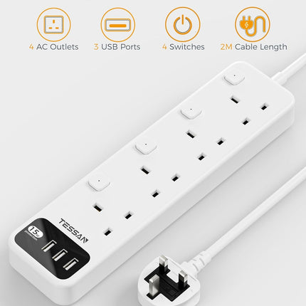 Tessan 4-Gang Extension 3 USB-A 2m 13A TS-B204