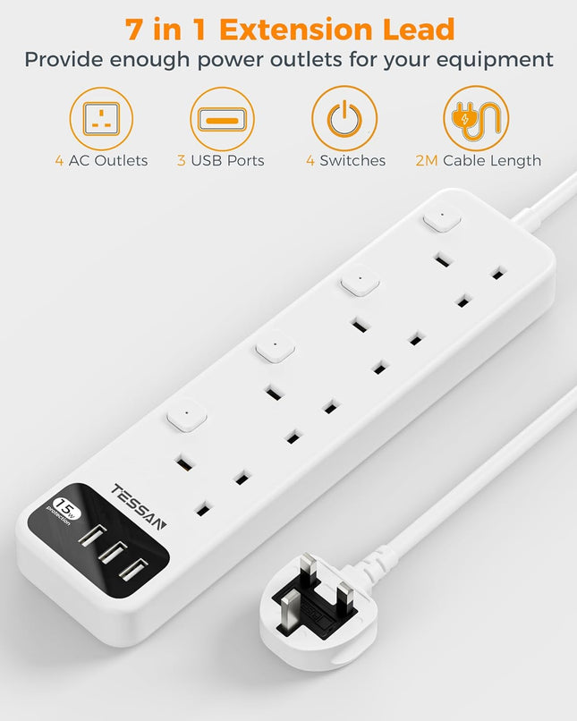 Tessan 4-Gang Extension 3 USB-A 2m 13A TS-B204