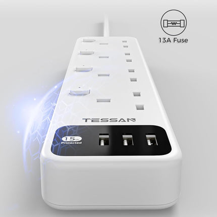 Tessan 4-Gang Extension 3 USB-A 2m 13A TS-B204