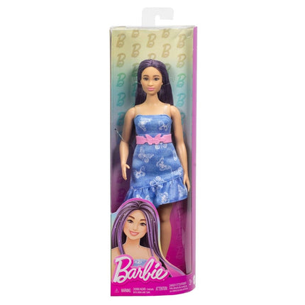 Mattel Barbie Fashionistas 231 Κούκλα με Μωβ Μαλλιά, Τζιν Φόρεμα με Πεταλούδες & Ροζ Αξεσουάρ HYT89, 3+ Ετών