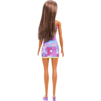 Mattel Barbie Κούκλα με Μωβ Φόρεμα & Πολύχρωμα Barbie Logos HGM57, 3+ Ετών