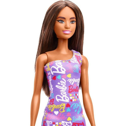 Mattel Barbie Κούκλα με Μωβ Φόρεμα & Πολύχρωμα Barbie Logos HGM57, 3+ Ετών