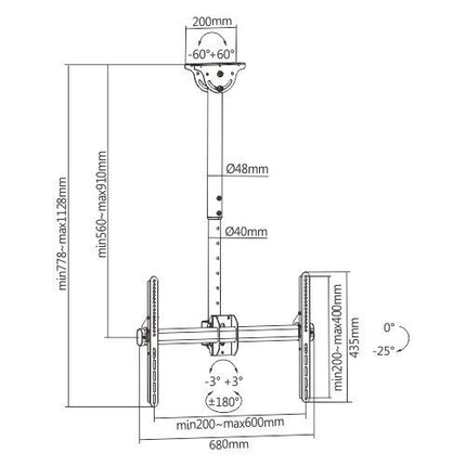 Brateck TV Ceiling Mount 60×40 50kg 56-91cm PLB-CE946-01S
