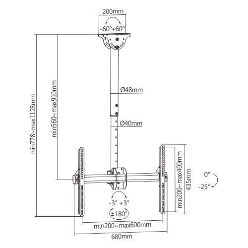 Brateck TV Ceiling Mount 60×40 50kg 56-91cm PLB-CE946-01S