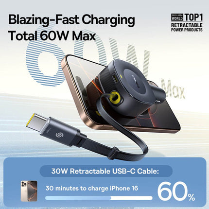 Baseus Car Charger 30W VR2 with Retractable Cable Black