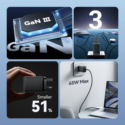 Vention Charger Wall GaN 65W 2xUSBC 1xUSBA Black FERB0-UK
