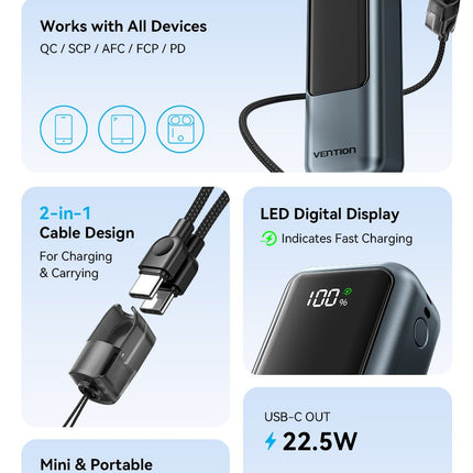 Vention Powerbank 10000mAh 22.5W Built-in USB-C Lanyard + Display FKOH0