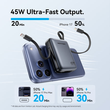 Vention Powerbank 10000mAh 45W Built-in USB-C & Lightning Cables FKMH0 Grey