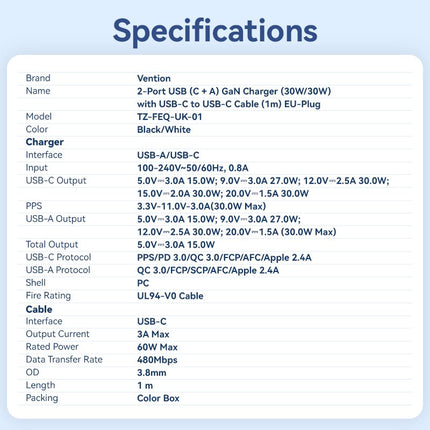 Vention Charger Wall GaN 30W 1xA 1xC+USBC Cable White TZ-FEQW0-UK-01