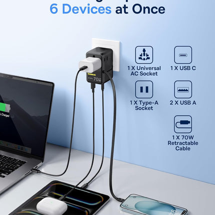 Baseus Charger Wall 70W EnerCore CG11 Universal Travel Adapter with Retractable Cable s Black