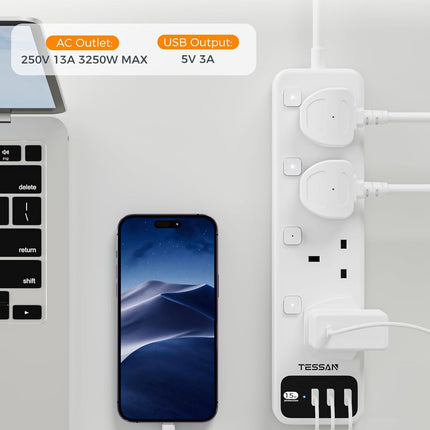 Tessan 4-Gang Extension 3 USB-A 2m 13A TS-B204
