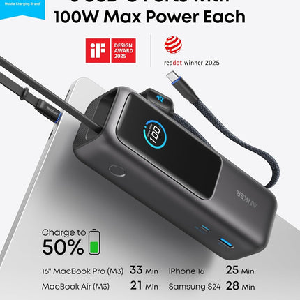 Anker Mobile Powerbank 25000 Prime 165W Built-In and Retractable Cables