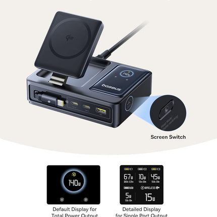 Baseus Charger Desktop 140W Qi2 3C+U NOMOS 5-in-1 Wireless+Retractable+Display UK