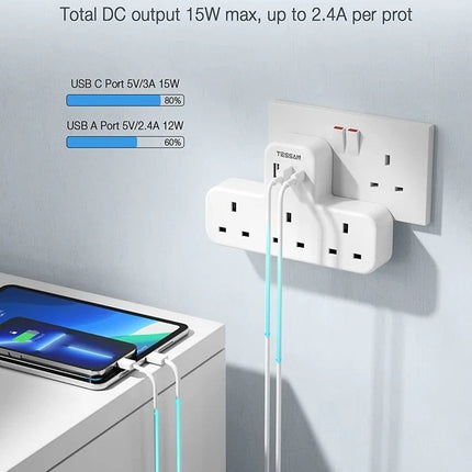 Tessan 3-Gang plug Through UK Charger 2 USB A USB C 13A TS-223-C