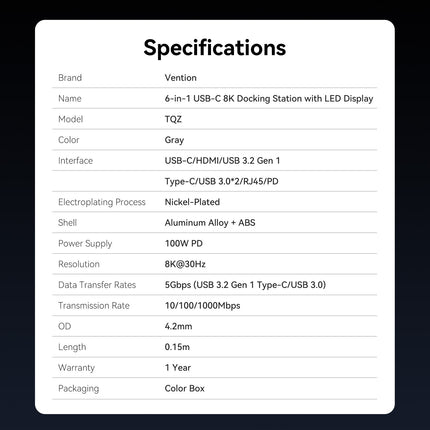 Vention HUB USB-C 3.2 Gen1/8K-HDMI/Gb/PD + LED Display & Switch TQZHB