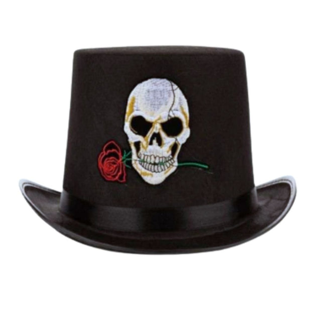 Αποκριάτικο Ψηλό Καπέλο Μάγου (Top Hat) με Νεκροκεφαλή και Τριαντάφυλλο