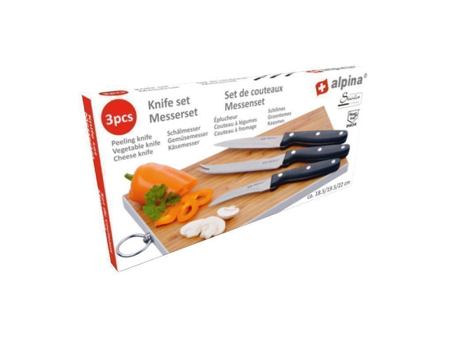 Alpina Switzerland Σετ Μαχαίρια Κουζίνας 3 τεμ. 18.5 / 19.5 / 22 cm από Ανοξείδωτο Ατσάλι πάχους 1.2mm με Μαύρη Λαβή, 86993 – Alpina Switzerland