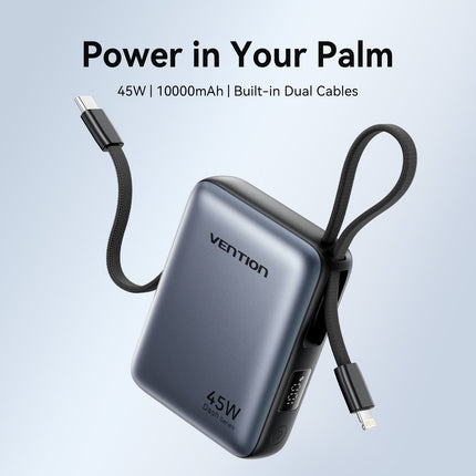 Vention Powerbank 10000mAh 45W Built-in USB-C & Lightning Cables FKMH0 Grey
