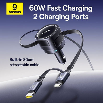 Baseus Car Charger 60W Enjoyment with Retractable Cables (C+C)  Black