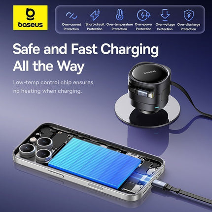 Baseus Car Charger 60W Enjoyment with Retractable Cables (C+C)  Black