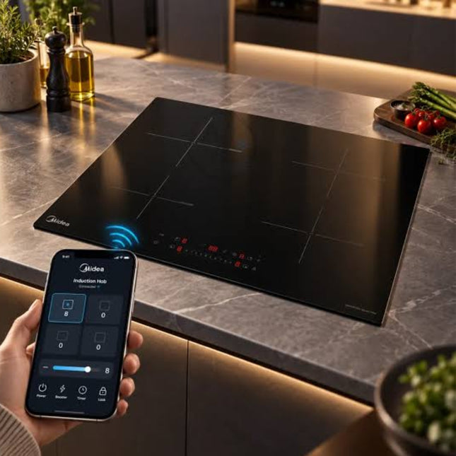 MIDEA Εντοιχιζόμενη Επαγωγική Εστία 60cm, 4 Ζώνες, 7400W, Even Pro, Wi-Fi, Booster, Touch Control MIH744E325GK, Μαύρη