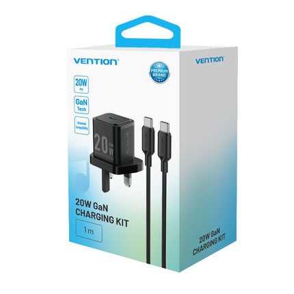 Vention Charger Wall GaN 20W 1xUSBC UK + USB-C 1m Cable Black FEPB0-UK-01